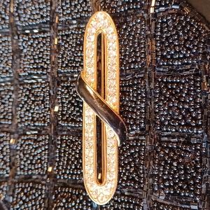 Vintage Monet Art Deco gold tone black rhinestone bar brooch